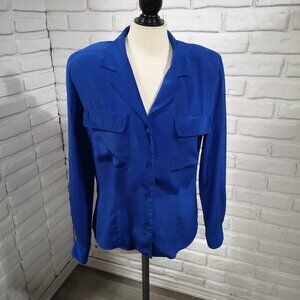 Vintage Christian Dior Ladies Size 8 Royal Blue Button Front & Cuffs Blouse